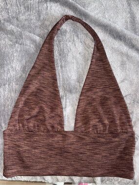 H&M Ribbed Halter crop top in Heathered Brown